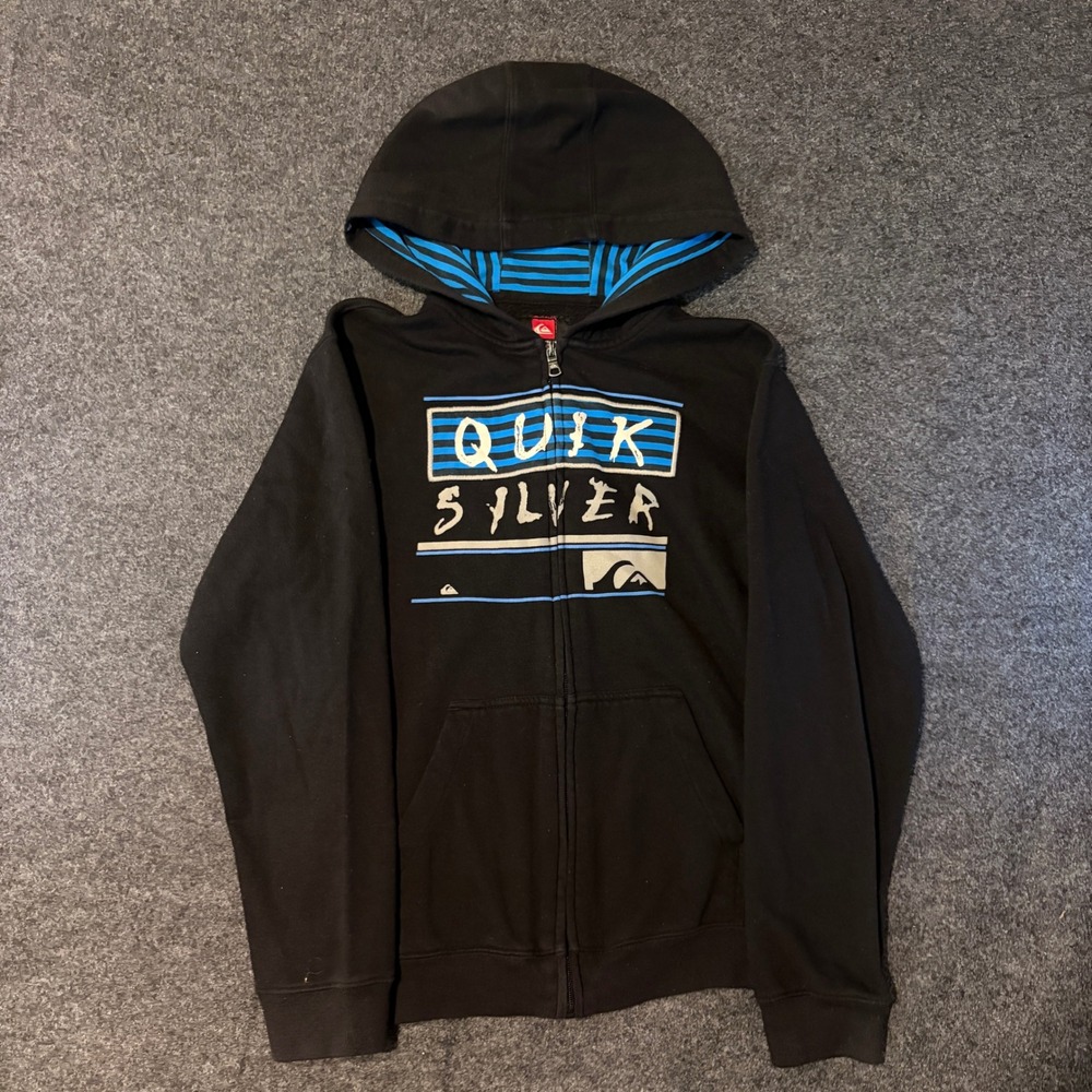 Quiksilver Womens Full Zip Hoodie Black Graphic Print Size Large 16-18